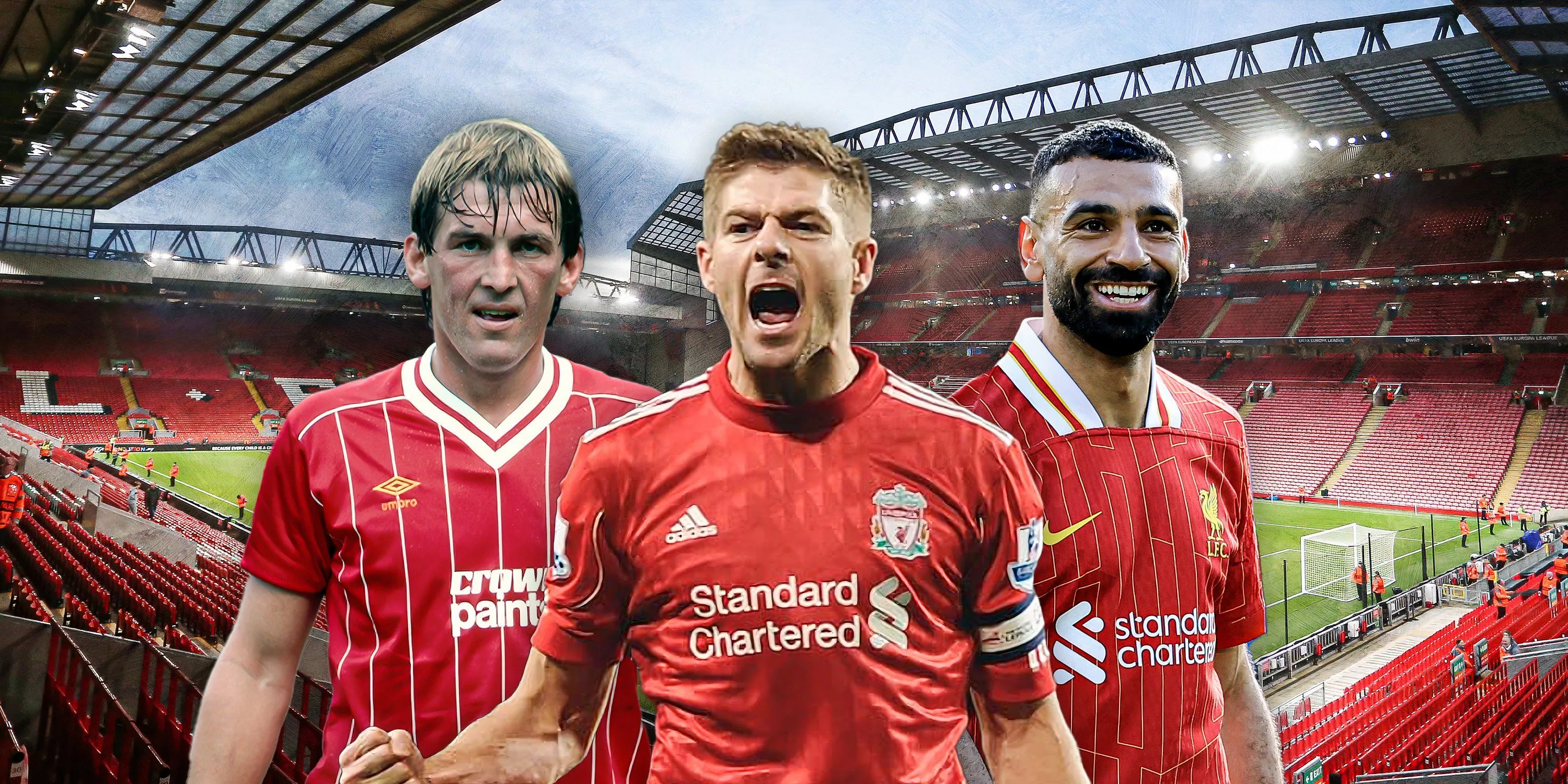 Hình ảnh tiêu biểu của các cầu thủ huyền thoại Liverpool như Kenny Dalglish, Steven Gerrard và Mohamed Salah.