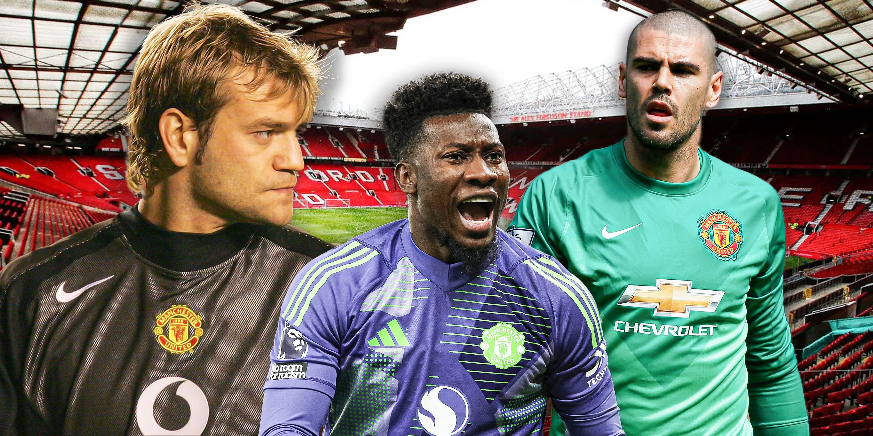 Andre Onana, thủ môn Manchester United, đứng trong khung thành. Bài viết gốc xếp anh vào danh sách thủ môn tệ nhất lịch sử MU