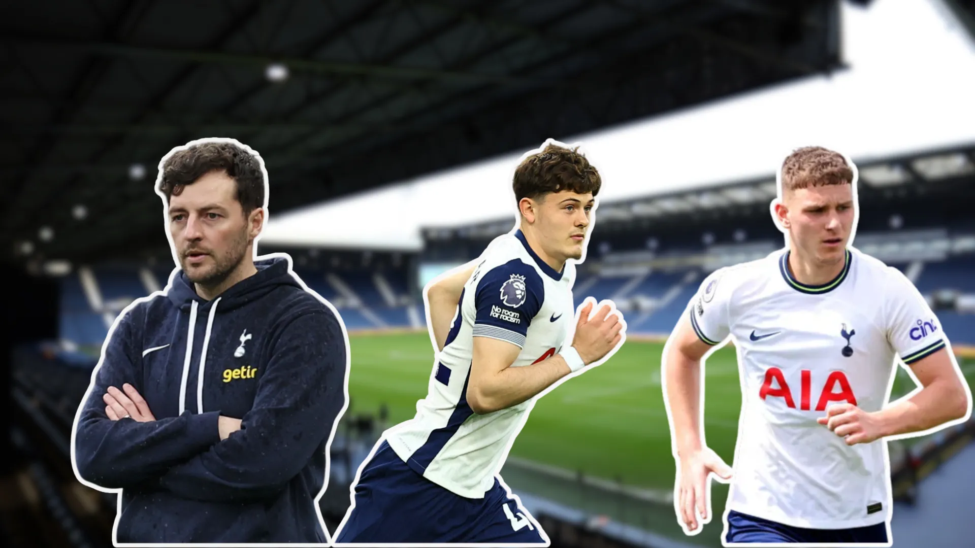 HLV Ryan Mason (giữa) cùng hai cầu thủ trẻ từng hoặc được liên hệ với West Brom là Will Lankshear (trái) và Jamie Donley (phải), cho thấy mối liên hệ giữa West Brom và Tottenham.