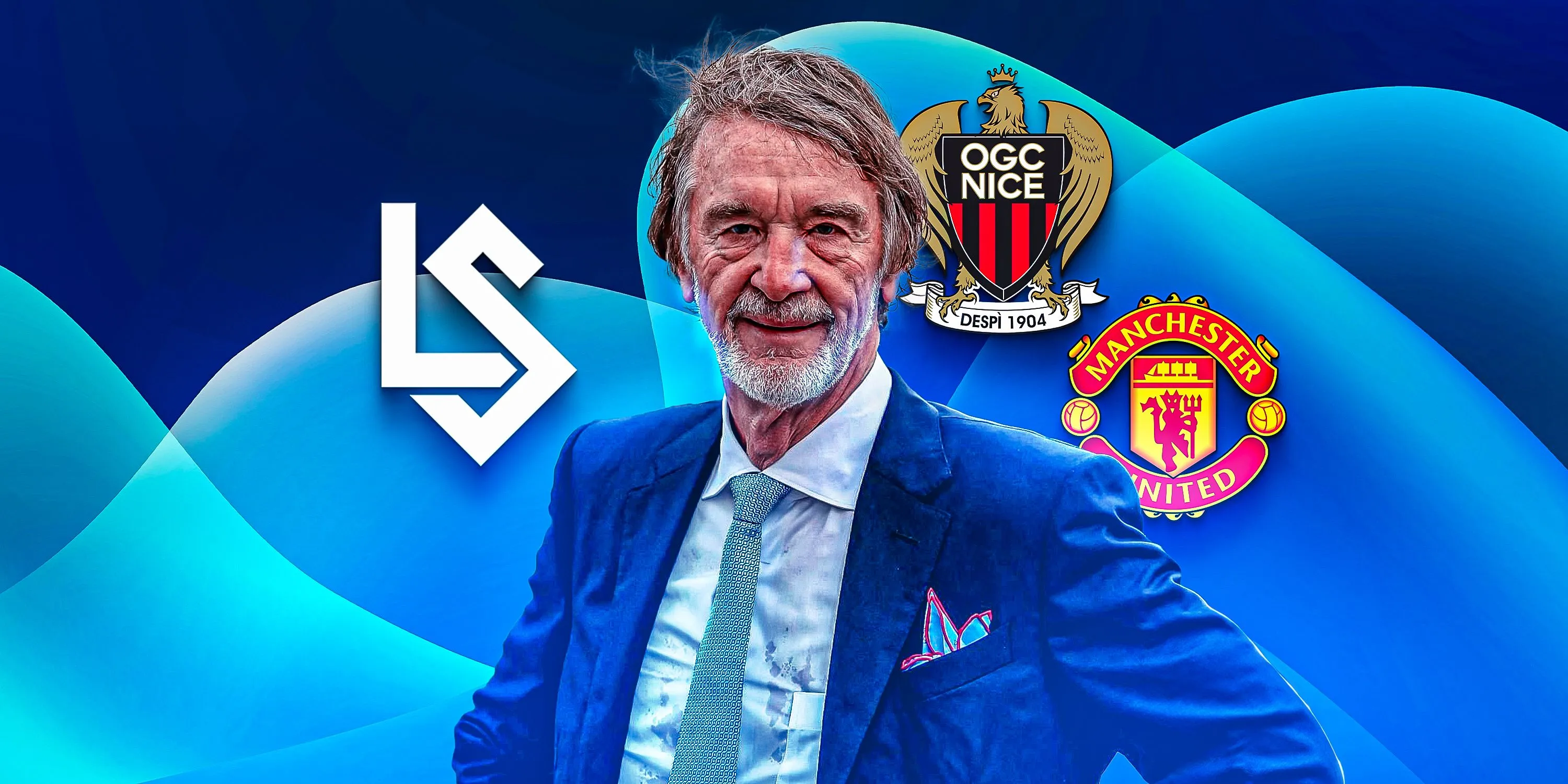 Tỷ phú Sir Jim Ratcliffe đứng trước biểu tượng các đội bóng thuộc sở hữu của INEOS, bao gồm Manchester United và Nice
