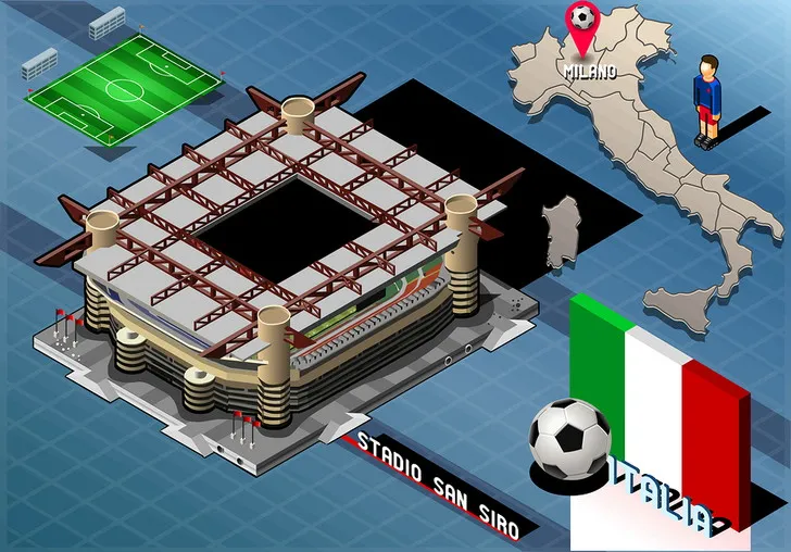 Bản vẽ đồ họa kiến trúc sân vận động San Siro nhìn từ trên cao, thể hiện cấu trúc độc đáo