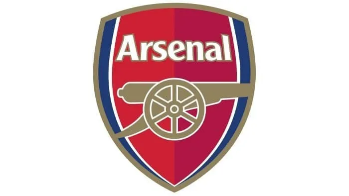 Biểu tượng Arsenal hiện tại từ năm 2002, tối giản với khẩu pháo hướng phải và tên 'Arsenal' rõ nét.