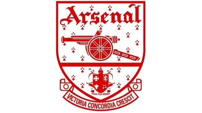 Biểu tượng Arsenal từ 1949 đến 1994, với pháo trung tâm, khẩu hiệu 'Victoria Concordia Crescit' và chữ Gothic.