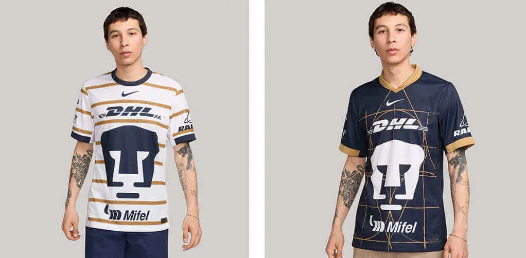 Bộ áo đấu sân nhà và sân khách UNAM Pumas 2024/25 của Nike, với thiết kế chú báo huyền thoại.