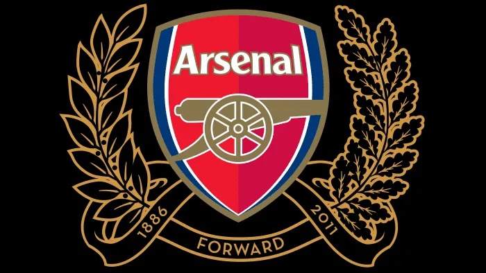 Huy hiệu Arsenal hiện tại với hình ảnh khẩu pháo hướng về phía đông, tông màu đỏ và trắng nổi bật.