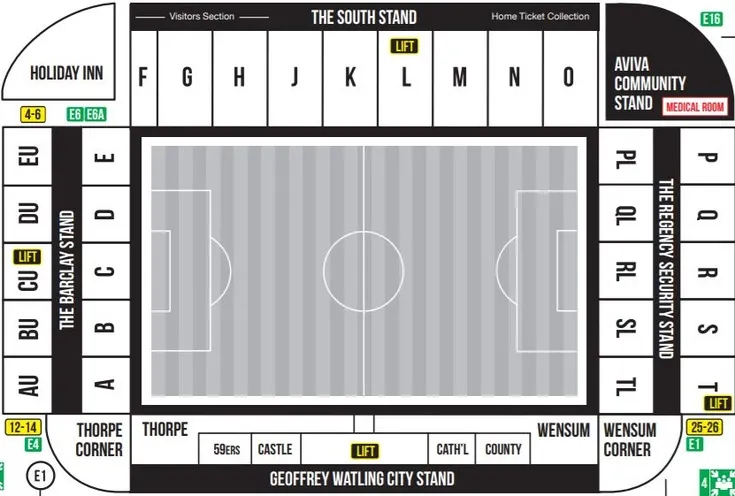 Sơ đồ bố cục sân vận động Carrow Road chi tiết các khán đài và lối đi