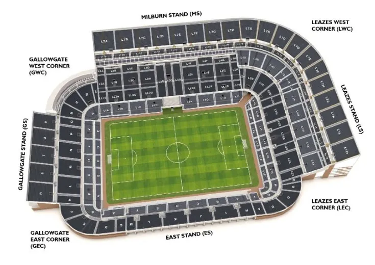 Sơ đồ bố trí các khán đài chính và khu vực chỗ ngồi tại St. James' Park.
