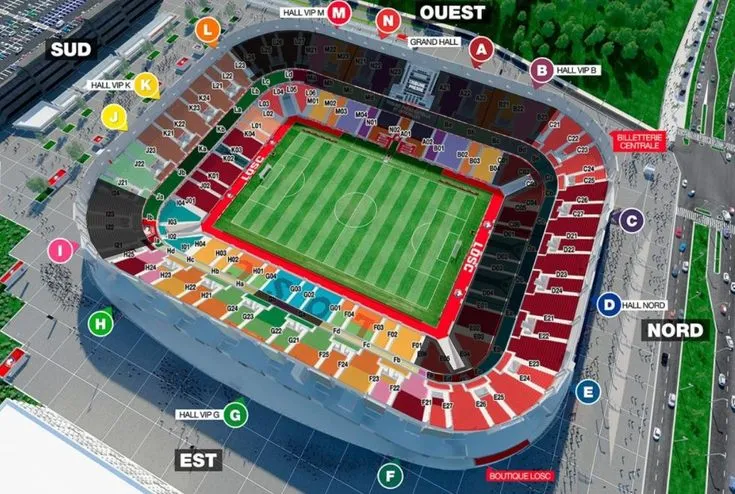 Sơ đồ bố trí các khán đài và khu vực chỗ ngồi tại sân vận động Stade Pierre-Mauroy
