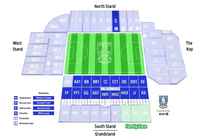 Sơ đồ bố trí chỗ ngồi sân vận động Hillsborough, minh họa các khán đài chính