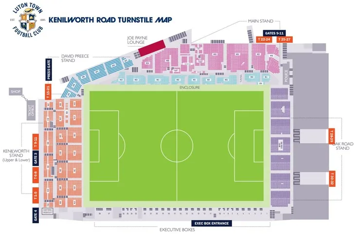 Sơ đồ bố trí chỗ ngồi và các khán đài sân Kenilworth Road