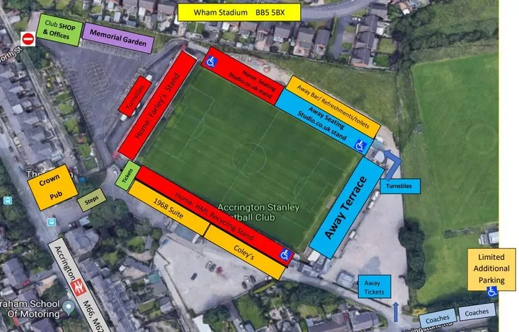 Sơ đồ bố trí chỗ ngồi và các khán đài tại sân vận động Crown Ground (Wham Stadium) của Accrington Stanley.