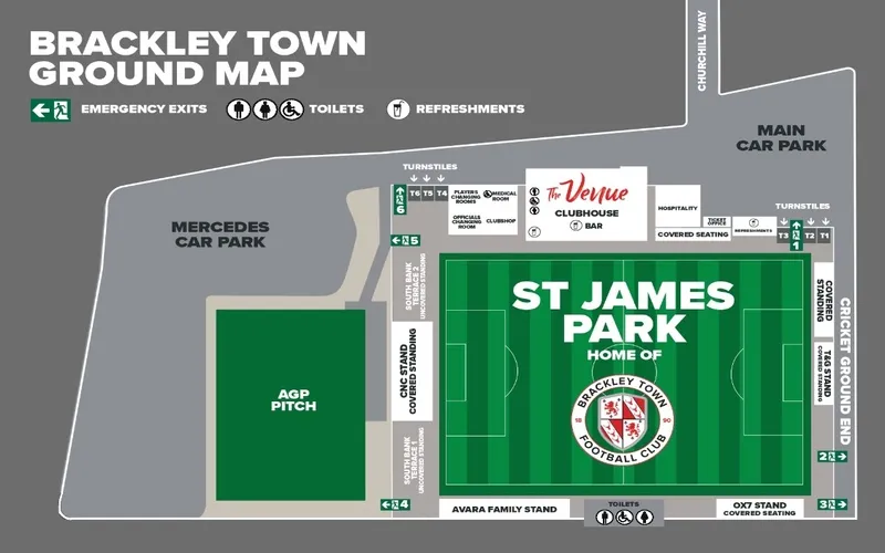 Sơ đồ bố trí chỗ ngồi và các khu vực chính tại sân St. James Park Brackley, giúp người hâm mộ dễ dàng định vị vị trí và tiện ích sân bóng đá Anh này.