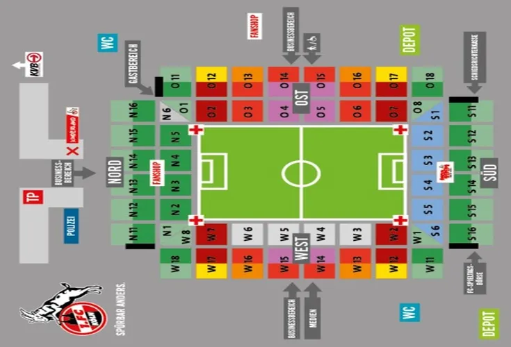 Sơ đồ chi tiết các khán đài và khu vực chỗ ngồi tại RheinEnergieStadion