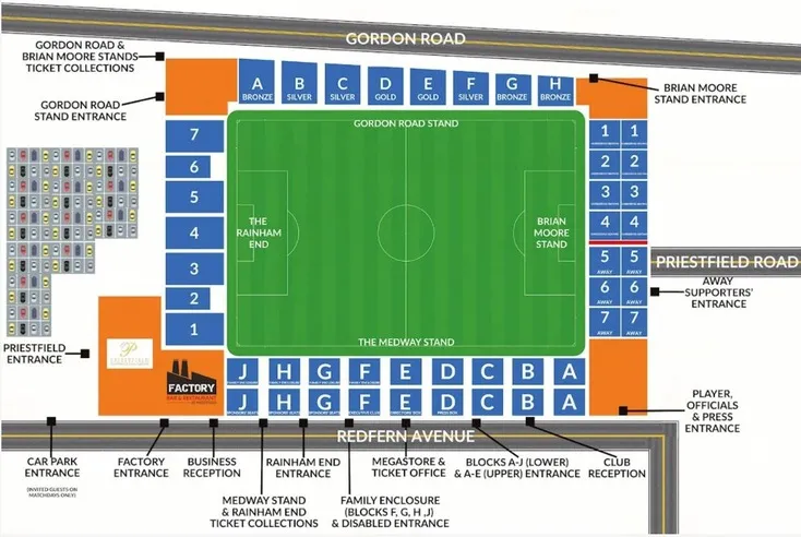 Sơ đồ chi tiết sân vận động Priestfield của Gillingham FC, hiển thị vị trí các khán đài và khu vực tiện ích, giúp người hâm mộ dễ dàng định hướng.