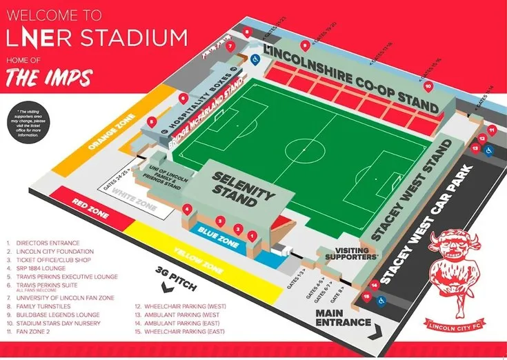Sơ đồ chi tiết sân vận động Sincil Bank, giúp khán giả dễ dàng định vị các khán đài và lối đi.