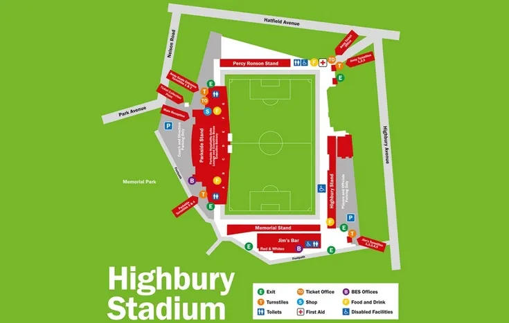 Sơ đồ chỗ ngồi chi tiết của sân vận động Highbury Fleetwood Town, hiển thị phân bổ các khán đài và khu vực dành cho cổ động viên.