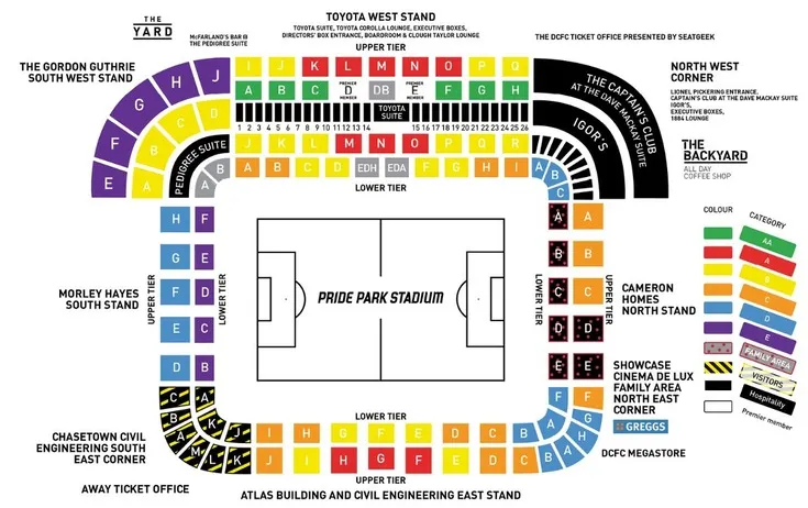 Sơ đồ chỗ ngồi chi tiết của sân vận động Pride Park, giúp khán giả dễ dàng định vị các khu vực khán đài.
