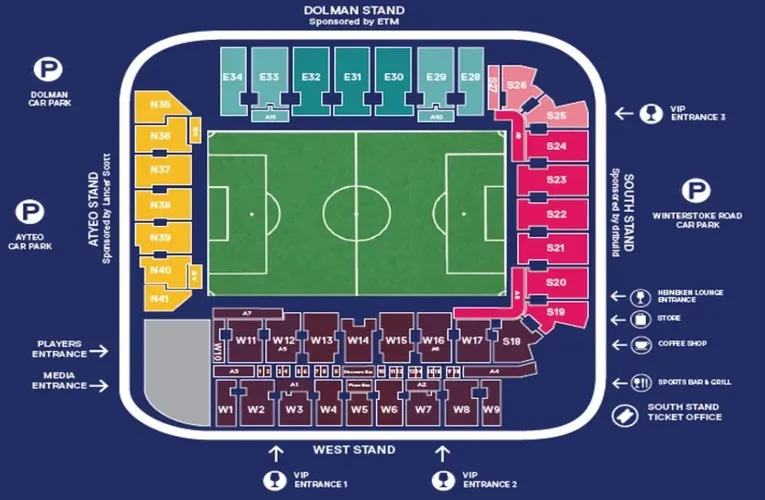 Sơ đồ chỗ ngồi chi tiết sân Plainmoor của câu lạc bộ Torquay United