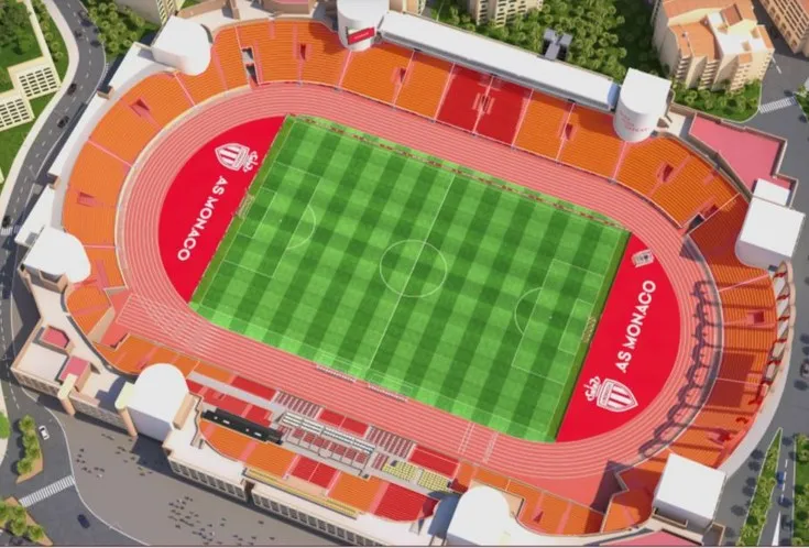 Sơ đồ chỗ ngồi chi tiết sân vận động Stade Louis II, hiển thị bố cục các khán đài chính