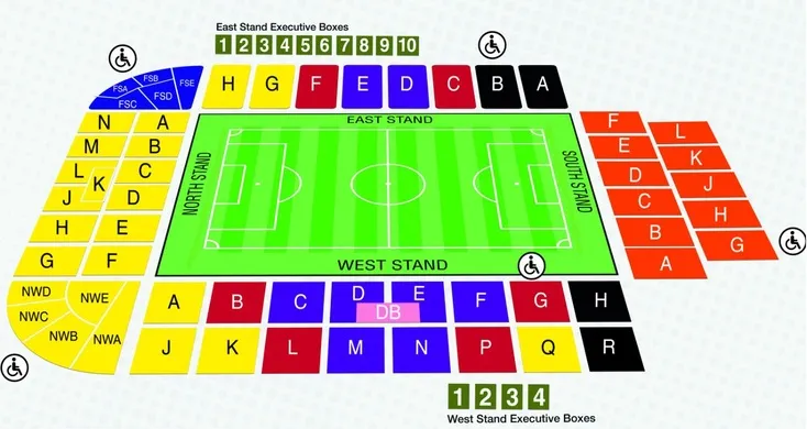 Sơ đồ chỗ ngồi chi tiết tại sân vận động The Valley, sân nhà của Charlton Athletic.