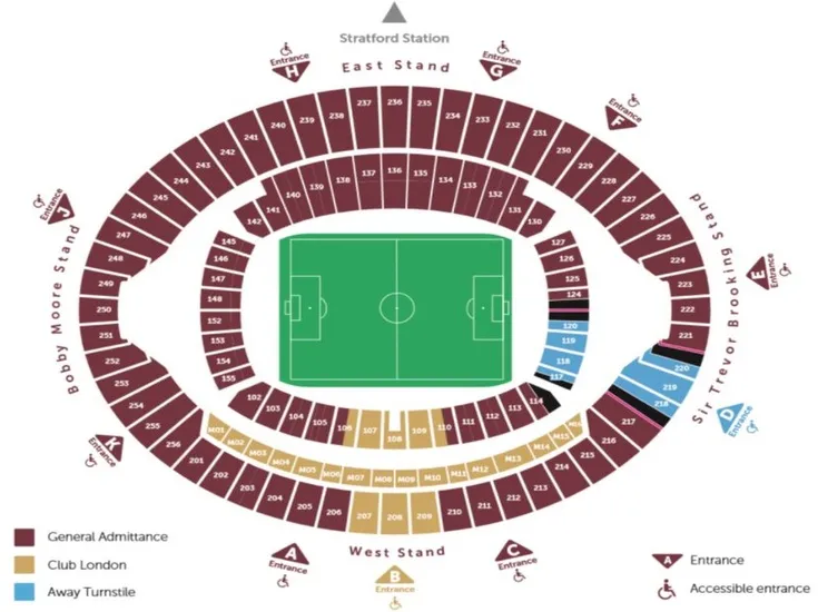 Sơ đồ chỗ ngồi London Stadium chi tiết các khán đài và khu vực