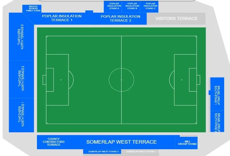 Sơ đồ chỗ ngồi Memorial Stadium, hướng dẫn vị trí các khán đài tại sân nhà Bristol Rovers