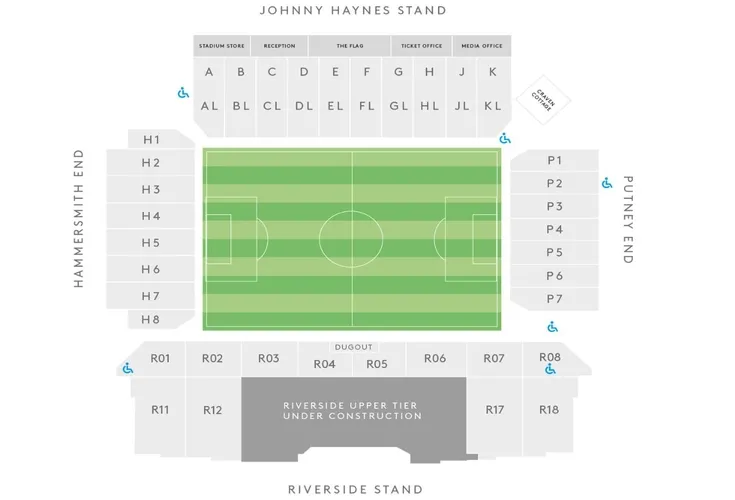 Sơ đồ chỗ ngồi sân Craven Cottage với bốn khán đài riêng biệt