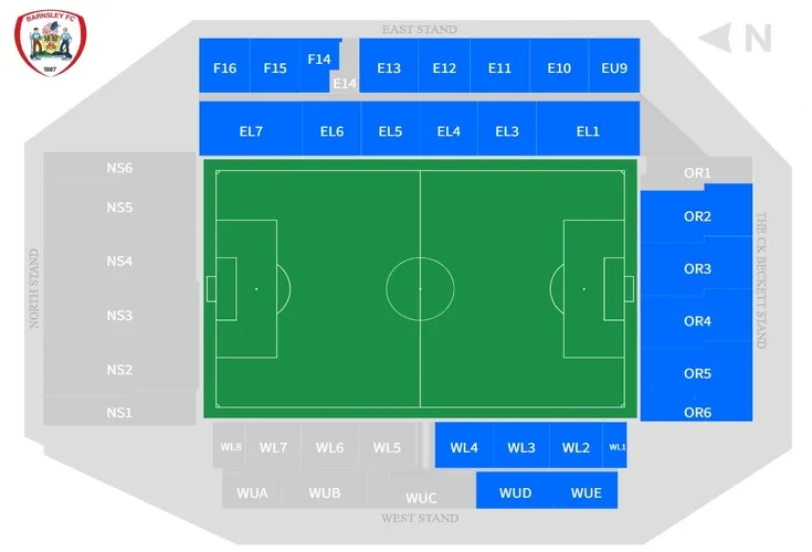 Sơ đồ chỗ ngồi sân vận động Oakwell chi tiết, hướng dẫn vị trí các khán đài
