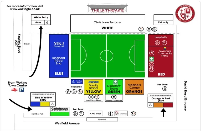 Sơ đồ chỗ ngồi và các khán đài nhiều màu sắc tại Kingfield Stadium