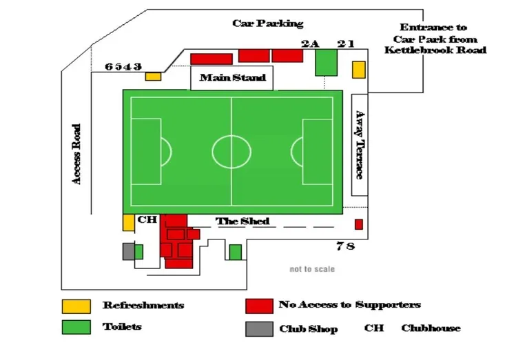 Sơ đồ tổng thể sân vận động The Lamb Ground Tamworth, hiển thị các khu vực khán đài và lối đi.