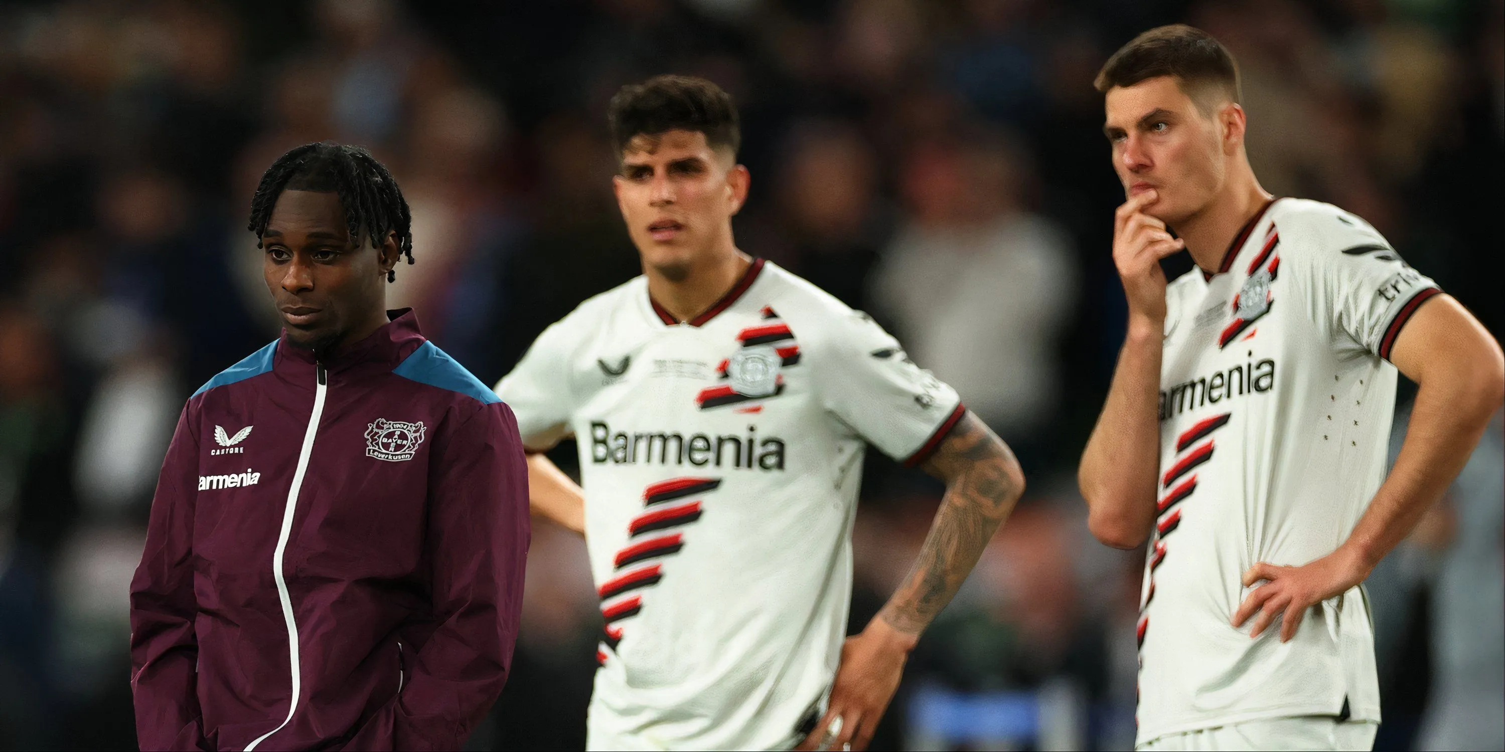 Hậu vệ Frimpong và trung vệ Piero Hincapié của Bayer Leverkusen ăn mừng chức vô địch Bundesliga.