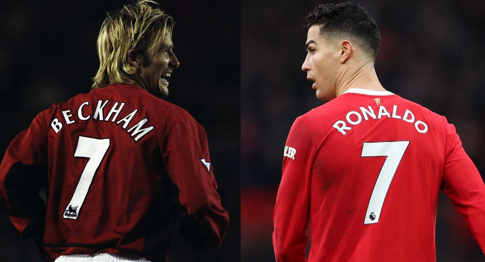 David Beckham và Cristiano Ronaldo với áo số 7 Manchester United, biểu tượng của cầu thủ chạy cánh và tấn công biên
