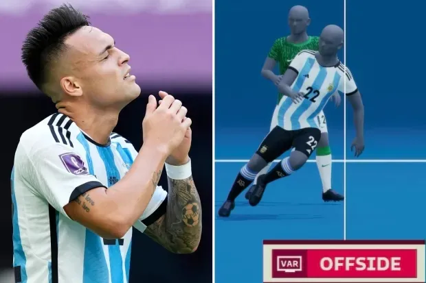 Lautaro Martinez bị xác định việt vị bởi công nghệ SAOT trong một số tình huống tại World Cup 2022, minh họa cách vạch ảo ảnh hưởng tới bàn thắng.