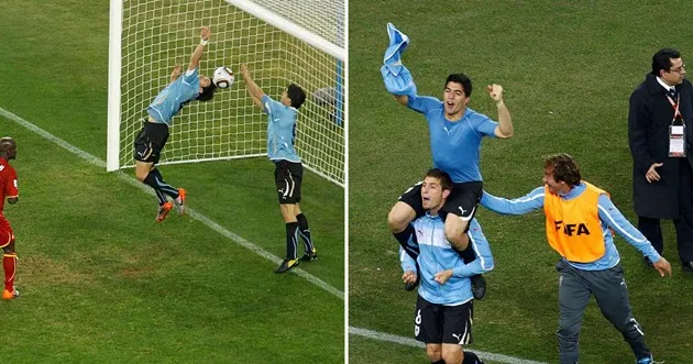 Suarez dùng tay ngăn bàn thắng ở World Cup 2010, bị rút thẻ đỏ và Uruguay thắng sau loạt luân lưu.