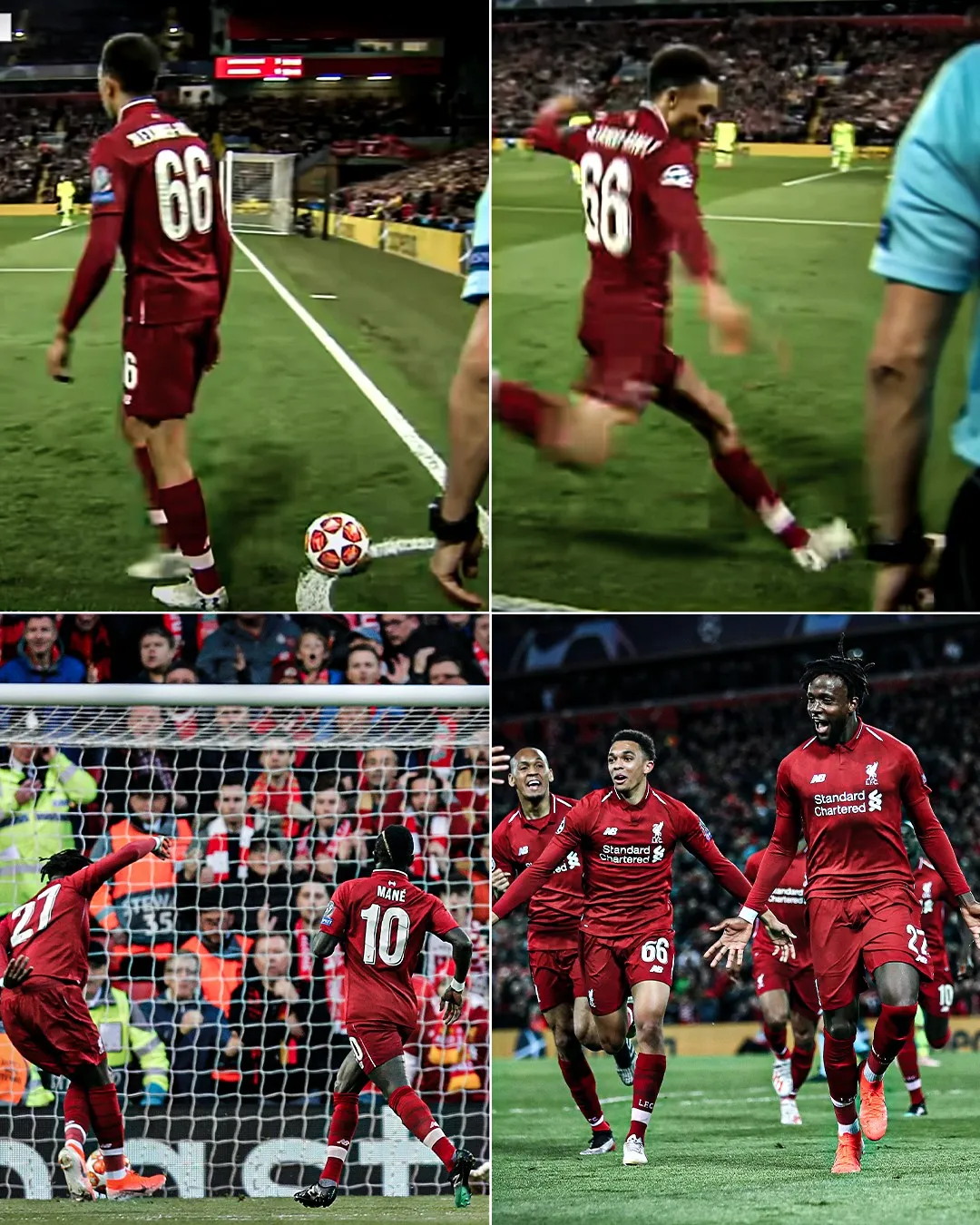 Trent Alexander-Arnold thực hiện phát góc nhanh tạo cơ hội cho Origi ghi bàn